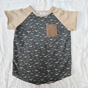 Seagull Print Kids Tee with Pocket - Black and Tan